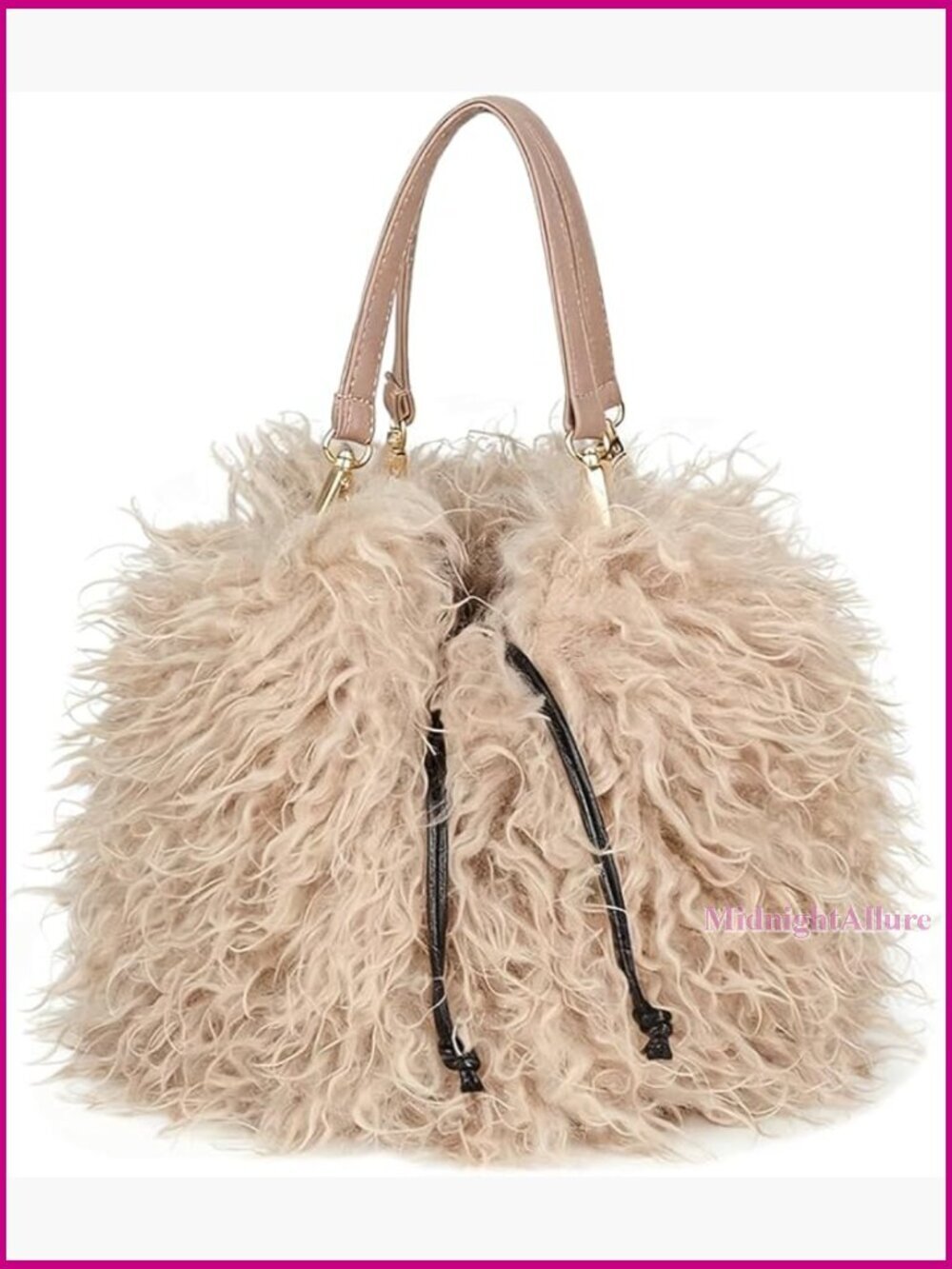 Faux Fur Tote Bucket Bag Drawstring Closure Top Handle Shoulder Bag